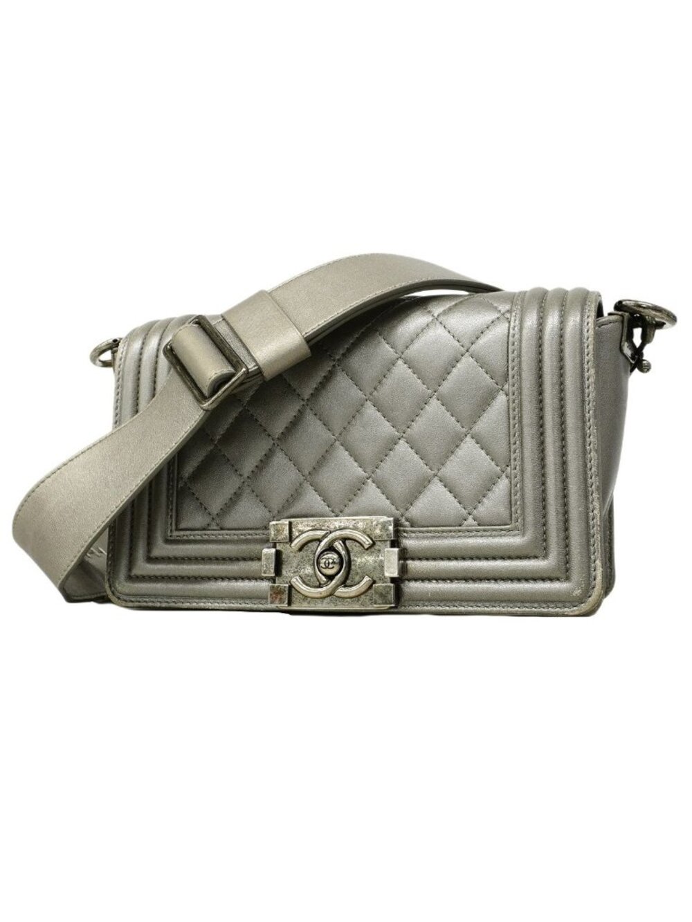 Chanel Shoulder Bag Boy Lambskin Gray Silver